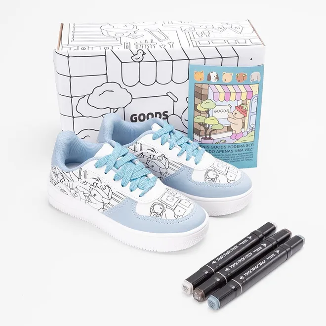 Tênis Casual Infantil Olimpak Goods + Brinde 3 Canetas Colorir Azul & Branco