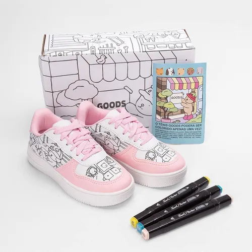 Tênis Casual Infantil Olimpak Goods + Brinde 3 Canetas Colorir Rosa & Branco