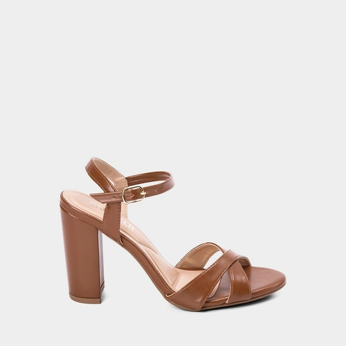 Sandália Salto Grosso Alto Feminino Gabriela Tiras Cruzadas Caramelo