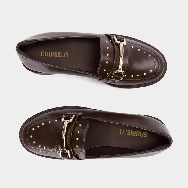 Mocassim Loafer Feminino Gabriela Detalhe Bridão & Tachas Marrom