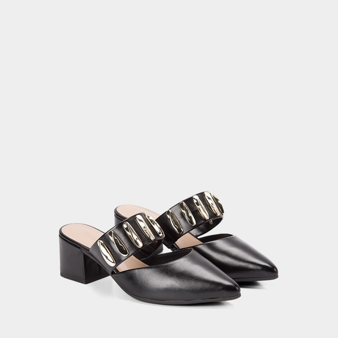 Mule Salto Bloco Médio Feminino Gabriela Detalhes Bold Preto
