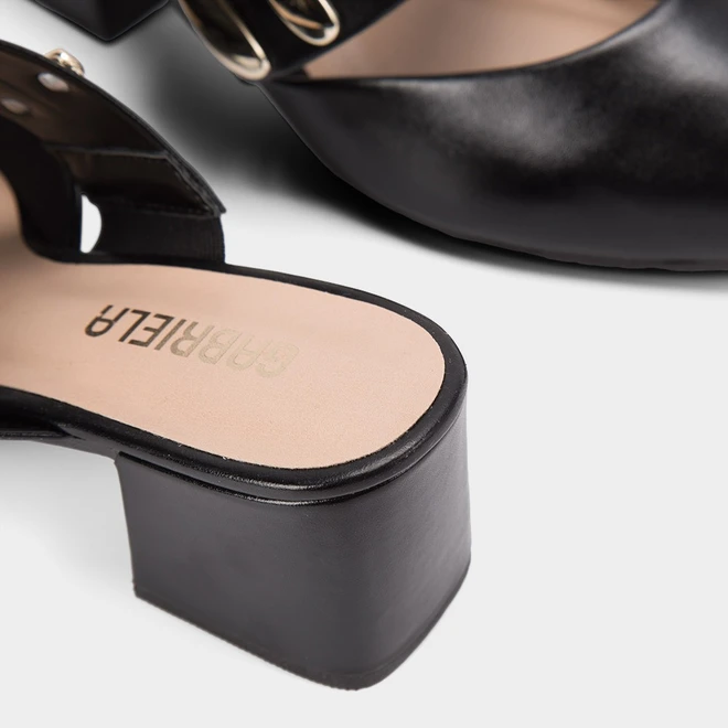 Mule Salto Bloco Médio Feminino Gabriela Detalhes Bold Preto