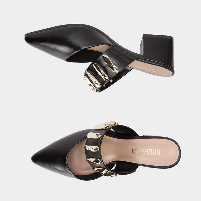 Mule Salto Bloco Médio Feminino Gabriela Detalhes Bold Preto