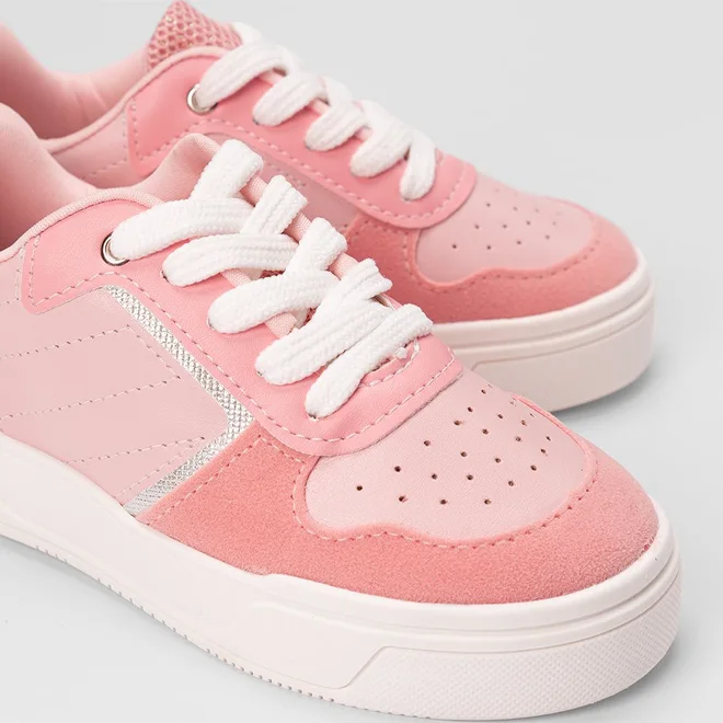 Tênis Casual Infantil Gabrielinha Detalhe Recortes Em Lurex & Camurça Rosa