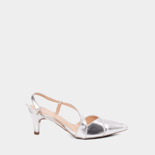 Scarpin Slingback Feminino Gabriela Salto Médio Fino Metalizado Prata