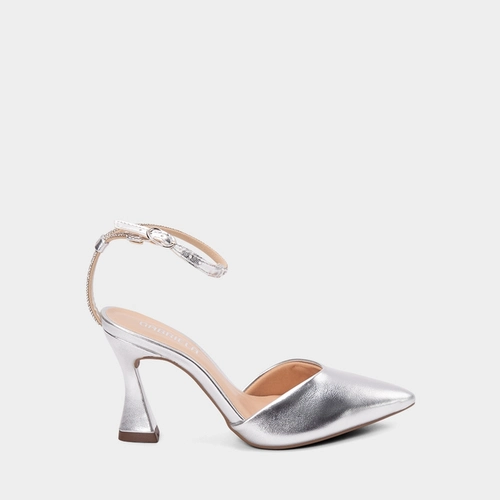 Scarpin Slingback Feminino Gabriela Tira Strass Metalizado Prata