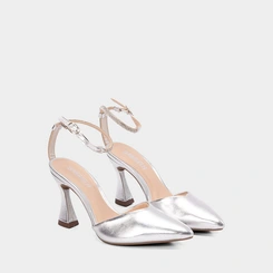 Scarpin Slingback Feminino Gabriela Tira Strass Metalizado Prata