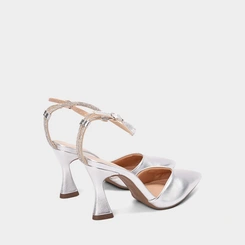 Scarpin Slingback Feminino Gabriela Tira Strass Metalizado Prata