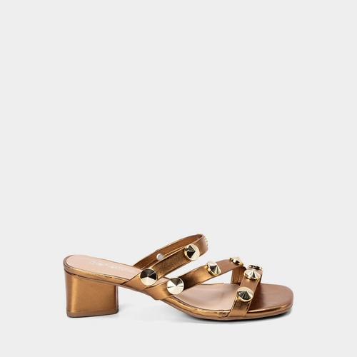 Tamanco Feminino Penélope Salto Médio Geométrico Tachas Bronze