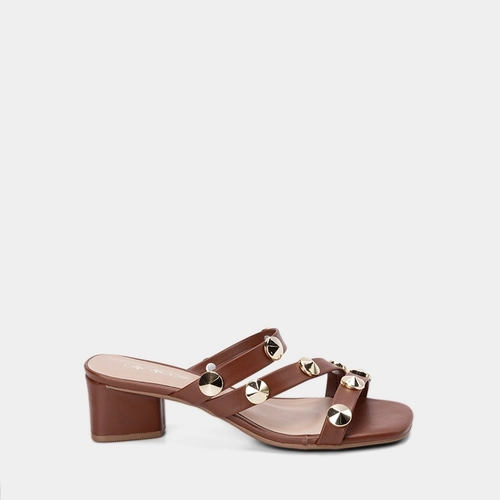 Tamanco Feminino Penélope Salto Médio Geométrico Tachas Caramelo