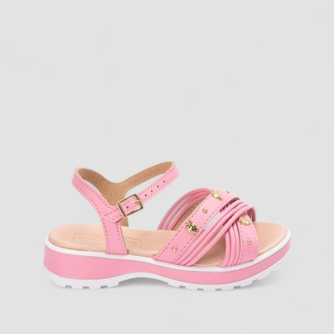 Sandália Infantil Molekinha Apliques Morangos Rebite Rosa
