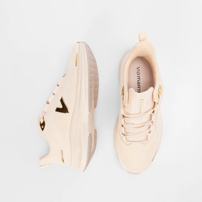 Tênis Esportivo Feminino Via Marte Knit Detalhes Metalizados Marfim
