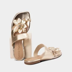 Rasteira Feminina Beira Rio Detalhe Flor Metalizado Ouro