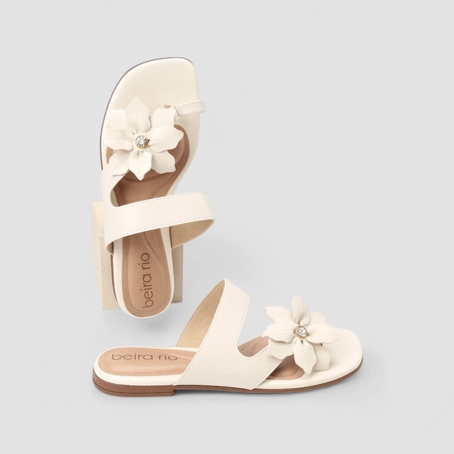 Rasteira Feminina Beira Rio Flor Pedraria Off White