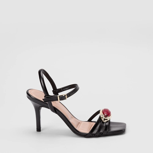 Sandália Feminina Gabriela Salto Alto Fino Enfeite Metalizado & Pedraria Preto