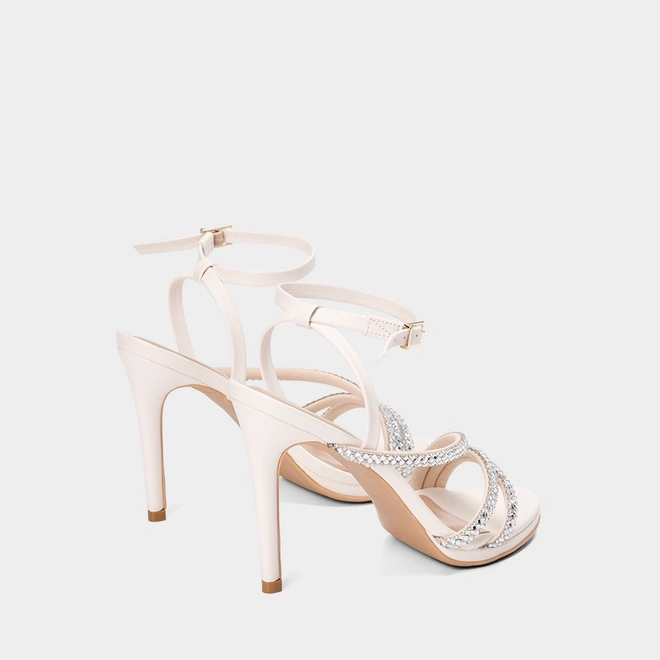Sandália Feminina Gabriela Salto Alto Fino Tiras Strass Off White