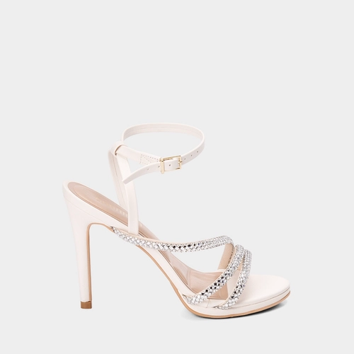 Sandália Feminina Gabriela Salto Alto Fino Tiras Strass Off White