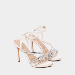 Sandália Feminina Gabriela Salto Alto Fino Tiras Strass Off White
