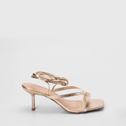 Sandália Feminino Gabriela Salto Médio Fino Amarração Metalizado Ouro