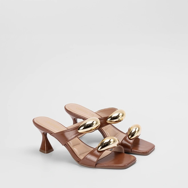 Tamanco Feminino Gabriela Salto Flare Médio Tira Dupla Detalhe Bold Caramelo