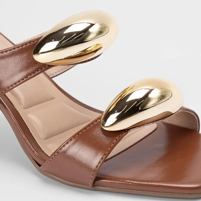 Tamanco Feminino Gabriela Salto Flare Médio Tira Dupla Detalhe Bold Caramelo