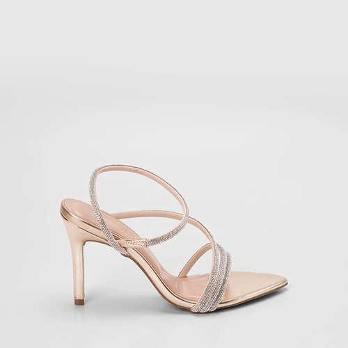 Sandália Feminina Gabriela Salto Alto Fino Tiras Strass Metalizado Ouro