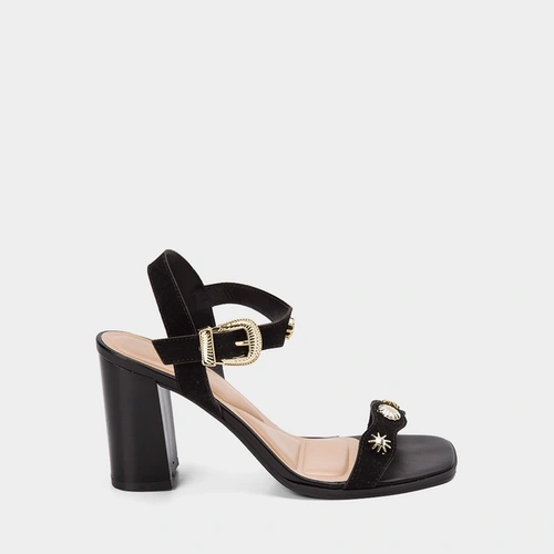 Sandália Feminina Gabriela Salto Bloco Alto Tachas Camurça Preto