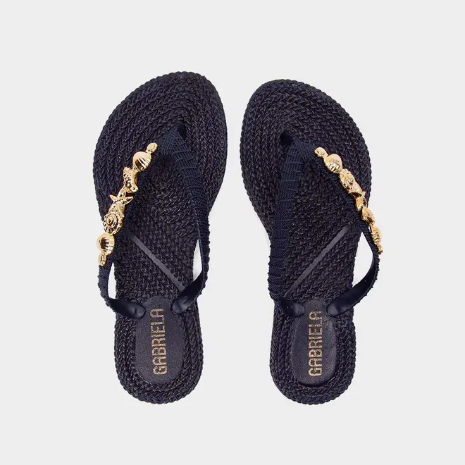 Chinelo Feminino Gabriela Textura Tressê Detalhe Conchas & Estrela Do Mar Marinho