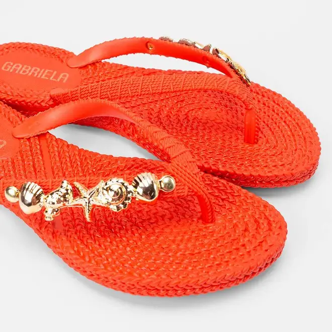 Chinelo Feminino Gabriela  Detalhe Conchas & Estrela Do Mar Laranja