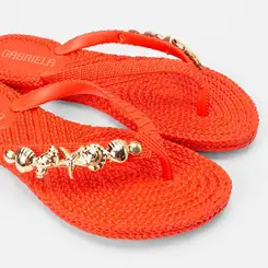 Chinelo Feminino Gabriela  Detalhe Conchas & Estrela Do Mar Laranja