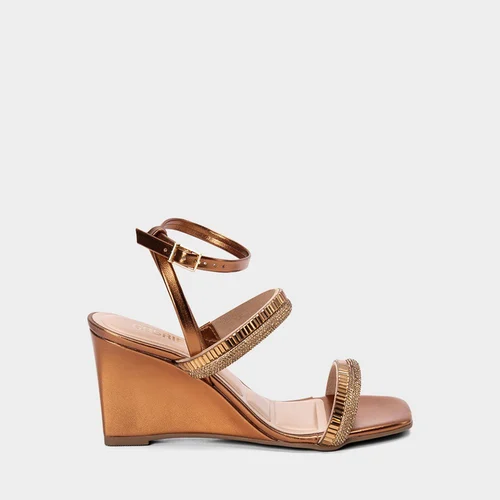 Sandália Feminina Gabriela Salto Alto Anabela Tiras Strass Metalizado Bronze