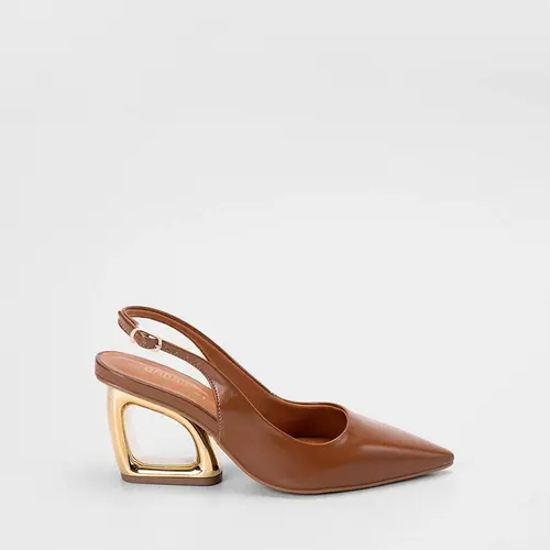 Scarpin Slingback Feminino Gabriela Salto Geométrico Alto Caramelo