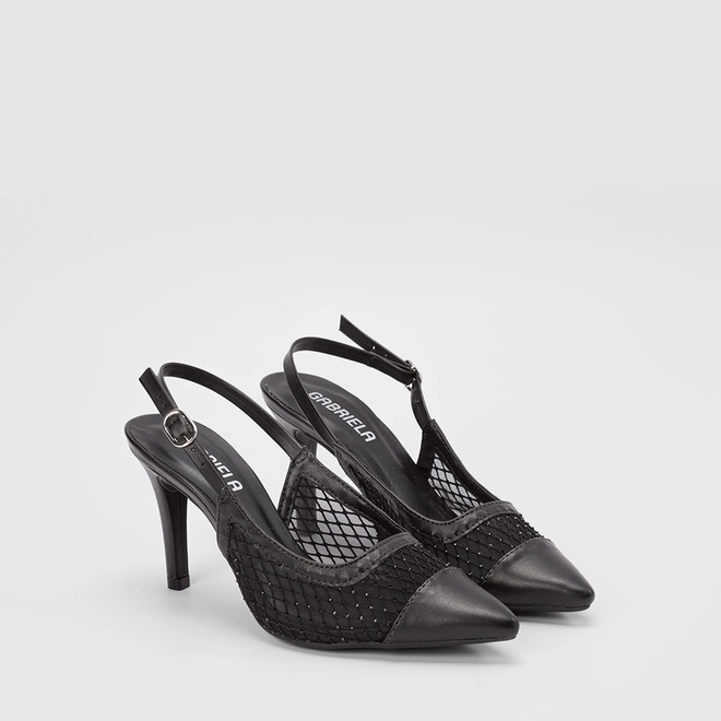 Scarpin Slingback Feminino Gabriela Salto Alto Fino Tela & Strass Preto