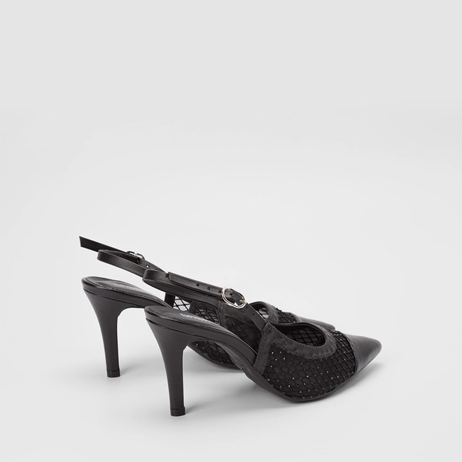Scarpin Slingback Feminino Gabriela Salto Alto Fino Tela & Strass Preto