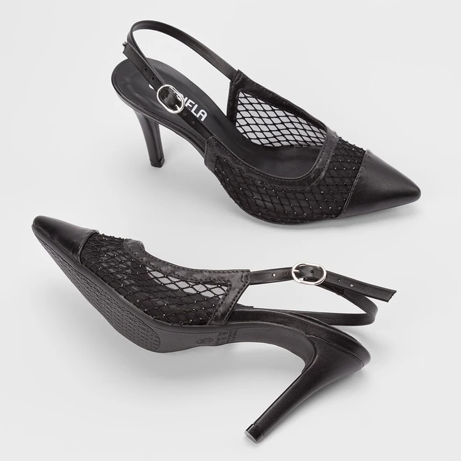 Scarpin Slingback Feminino Gabriela Salto Alto Fino Tela & Strass Preto