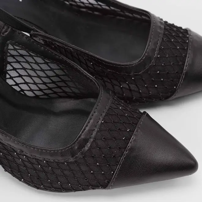 Scarpin Slingback Feminino Gabriela Salto Alto Fino Tela & Strass Preto