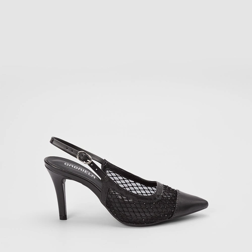 Scarpin Slingback Feminino Gabriela Salto Alto Fino Tela & Strass Preto