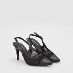 Scarpin Slingback Feminino Gabriela Salto Alto Fino Tela & Strass Preto