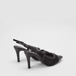 Scarpin Slingback Feminino Gabriela Salto Alto Fino Tela & Strass Preto