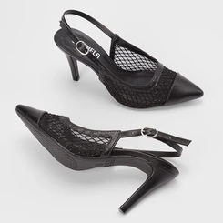 Scarpin Slingback Feminino Gabriela Salto Alto Fino Tela & Strass Preto