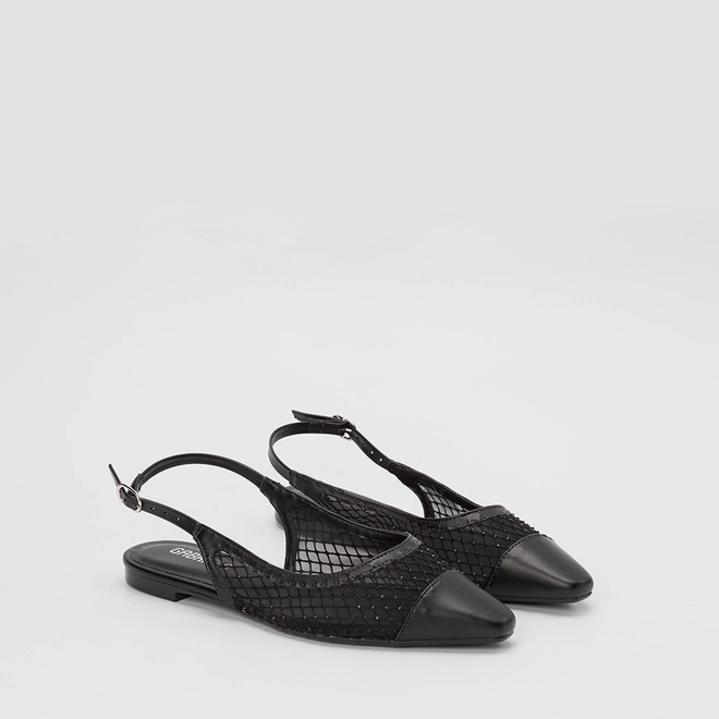 Sapatilha Slingback Feminina Gabriela Tela & Strass Preto