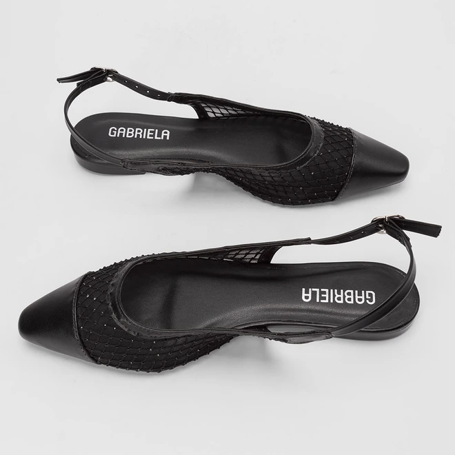 Sapatilha Slingback Feminina Gabriela Tela & Strass Preto