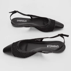 Sapatilha Slingback Feminina Gabriela Tela & Strass Preto