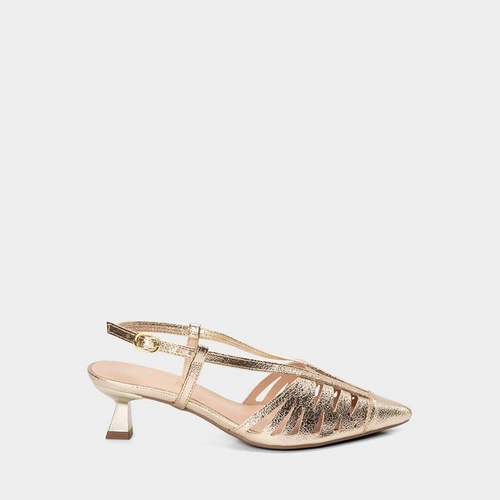 Scarpin Slingback Feminino Gabriela Recortes Vazado Metalizado Ouro