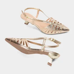 Scarpin Slingback Feminino Gabriela Recortes Vazado Metalizado Ouro