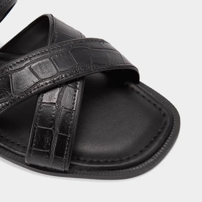 Rasteira Feminina Penélope Tiras Cruzados Textura Crocro Preto