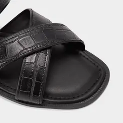 Rasteira Feminina Penélope Tiras Cruzados Textura Crocro Preto