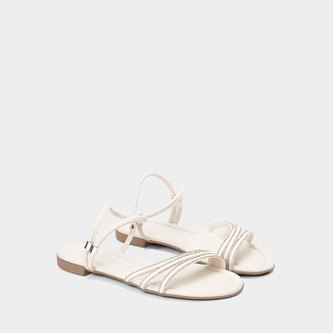 Sandália Rasteira Feminina Penélope Multitiras Detalhe Strass Off White