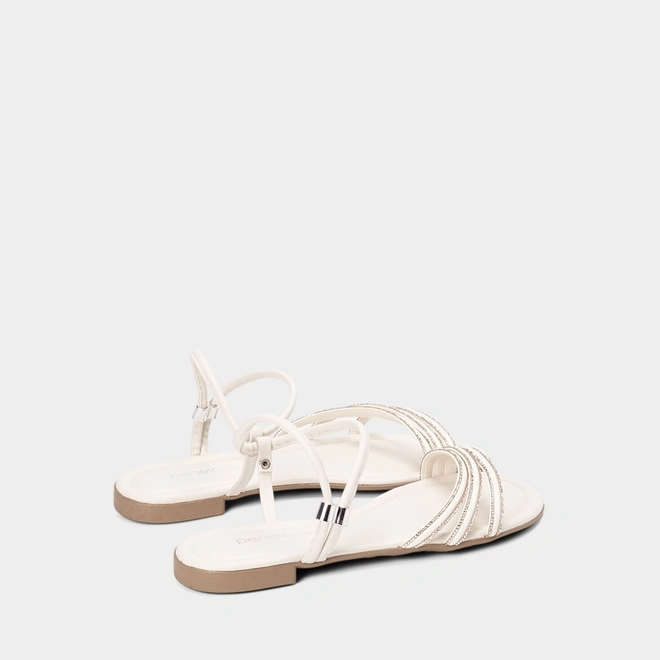 Sandália Rasteira Feminina Penélope Multitiras Detalhe Strass Off White