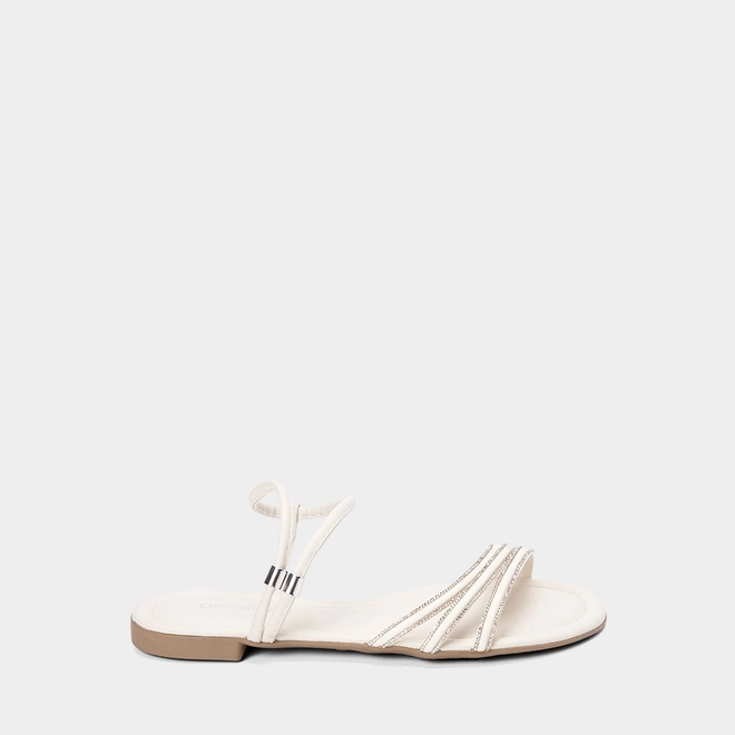 Sandália Rasteira Feminina Penélope Multitiras Detalhe Strass Off White